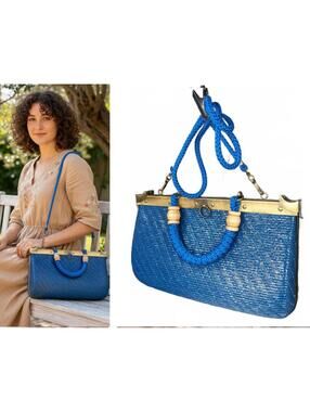 Italy Women Clutch Bag Woven Blue Straw 1970s Evening Bag